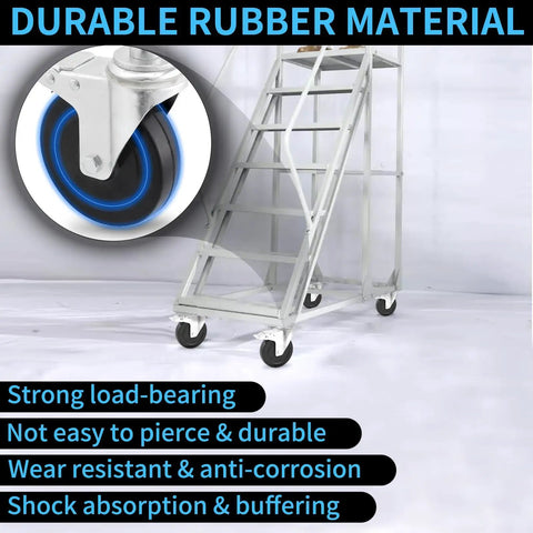 Five Inch Scaffolding Wheels on a scaffold with durable rubber material and dual brakes for smooth job site hauling.