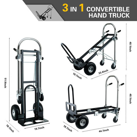 Three In One Industrial Convertible Hand Truck Dolly with 1000 lb capacity, heavy duty steel, displayed in 2-wheel upright and 4-wheel modes