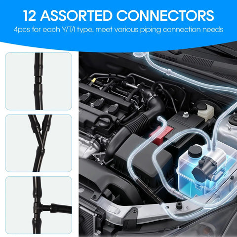 Universal Windshield Washer Hose Repair Kit 13 ft flexible washer fluid hose with 12 connectors in car engine bay