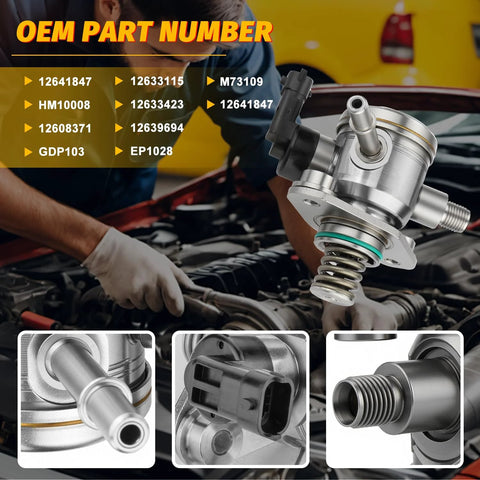 High Pressure Fuel Pump With Gasket And Bolts For Buick LaCrosse Regal Verano 2.4L Malibu Equinox Captiva Sport GMC Terrain 2010 To 2017 Replacement Part GDP103 EP1028 HM10008 Direct Fit, shown with installation details and OEM part numbers.