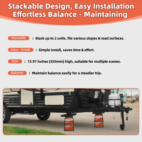 Stackable RV Leveling Blocks Set Of 4 6000 Lbs Badass Load Rating Polypropylene wedges under an RV for stable parking.