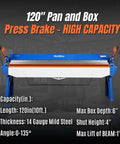 120 Inch Manual Sheet Metal Brake With 14 Gauge Capacity Pro Grade Built Tough For Big Jobs, Model PB12014, front view