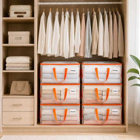 Extra Large Clear Moving Bags 2 Pack Heavy Duty Totes With Reinforced Handles And Label Pocket in closet with clothes.