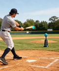 Baseball Batting Trainer Machine With Metal Frame For All Skill Levels And Ages Auto Throw Realistic Ball Launch Durable Training Kit For Solo Practice And Team Drills. batter hitting blue auto-throw ball on field