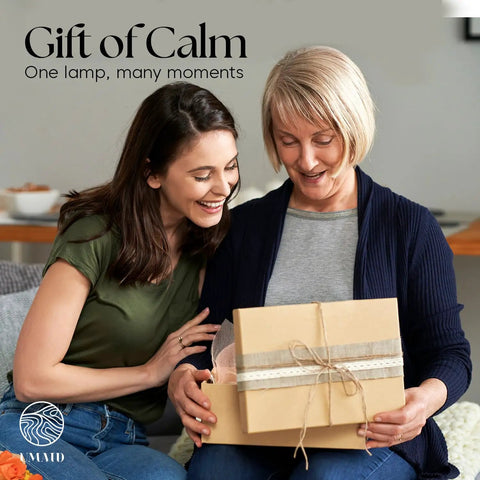 Two women smiling with Himalayan Salt Lamp Rectangle In Natural Pink Rock With Wood Base Dimmable Cord Night Light gift box.