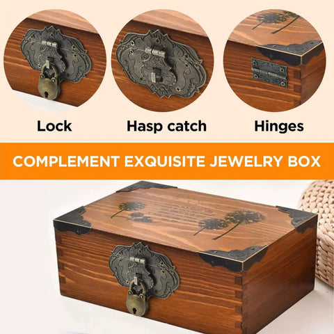 Antique Bronze Jewelry Box Hinge Hasps Lock Kit With Screws Retro Engraved Decorative Hardware Detail on Wooden Box