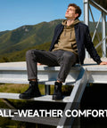 Person wearing all-weather comfortable shoes in a scenic outdoor setting, showcasing style and durability for varied climates.