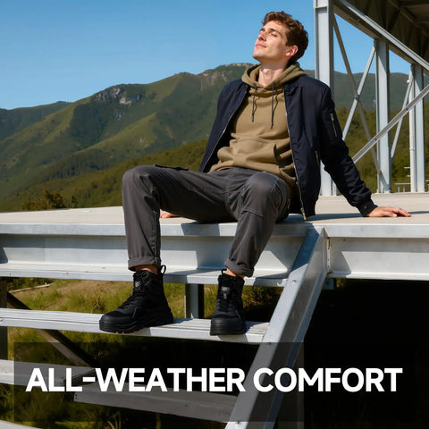 Person wearing all-weather comfortable shoes in a scenic outdoor setting, showcasing style and durability for varied climates.