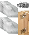 20 Piece Cabinet Hinge Repair Plate Kit Stainless Steel Door Hinge Mounting Plate Large Fix Board With Screws For Kitchen Cabinets Cupboards And Furniture Reinforcement Diy Ready, including plates, screws, and installation example.