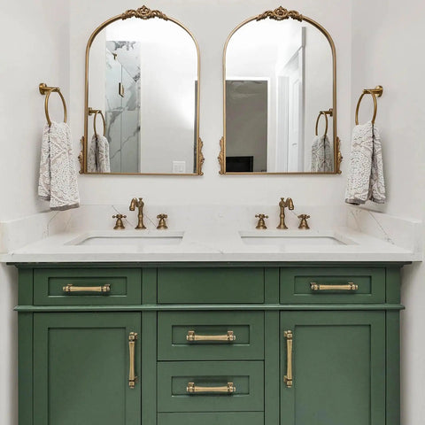 French Style Antique Brass Cabinet Pulls 3 Inch Center To Center Solid Metal Drawer Handles on green bathroom vanity.