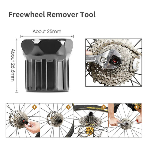 Close-up of freewheel remover tool from Six Piece Bicycle Repair Tools Kit for Mountain and Road Bikes, shown with measurements and usage.