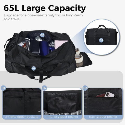 65L Duffle Bag With Shoes Compartment, Foldable Travel Duffel For Men And Women, Big Packable Bag, water repellent pockets