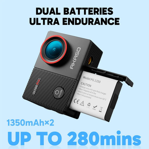 Ek7000 Pro 4K 30FPS action camera showing dual batteries for 280 mins use