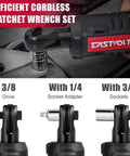 12 Volt Cordless Ratchet Wrench Set Three Eighths Inch Drive With Thirty Five Ft Lbs Torque And Two Hundred Thirty RPM Fast Charger