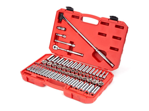 Go To Three Eighths Inch Drive Six Point Socket And Ratchet Set Seventy Three Piece Set with case open showing sockets