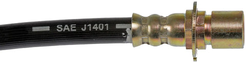 Close-up of a front driver side brake hydraulic hose replacement for select Cadillac Chevrolet GMC models with secure fittings.