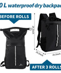 20L Waterproof Dry Bag Backpack before and after rolling, with waist pouch for kayaking and boating, dimensions shown.