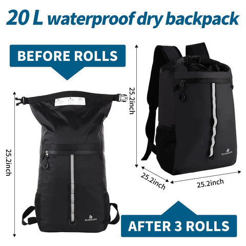 20L Waterproof Dry Bag Backpack before and after rolling, with waist pouch for kayaking and boating, dimensions shown.