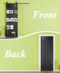 Sliding Barn Door With Shelf Style 36 Inch By 84 Inch Includes 6.6 Foot Hardware Kit Primed MDF, front and back view in room.