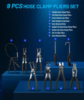 9 Piece Flexible Hose Clamp Pliers Set With 24 Inch Long Reach Swivel Jaw ClicR Type Pliers Hose Remover And Flat Band Tool Kit
