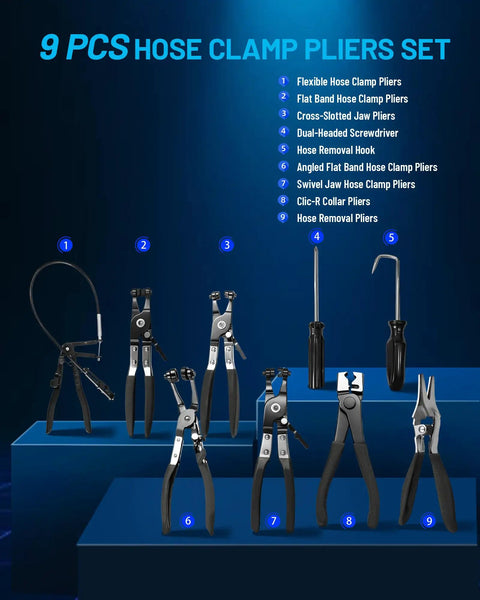 9 Piece Flexible Hose Clamp Pliers Set With 24 Inch Long Reach Swivel Jaw ClicR Type Pliers Hose Remover And Flat Band Tool Kit