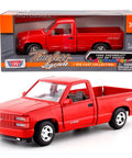 Chevy 454SS 1992 Red Diecast Pickup Truck One Twenty Fourth Scale With Opening Doors Hood Tailgate And Working Steering Classic 90s Rad Chevy Pickup Model Car Motormax displayed in packaging.