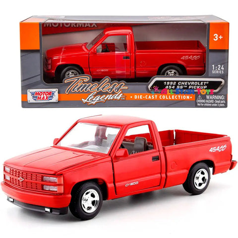 Chevy 454SS 1992 Red Diecast Pickup Truck One Twenty Fourth Scale With Opening Doors Hood Tailgate And Working Steering Classic 90s Rad Chevy Pickup Model Car Motormax displayed in packaging.