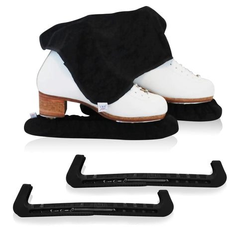 Hella Durable Ice Skate Guards And Blade Soakers With Heavy Weave Cotton Towel Set For Medium Blades Rust Resistant Steel Protector Sweet Ride Flat Black Coating on white ice skates.