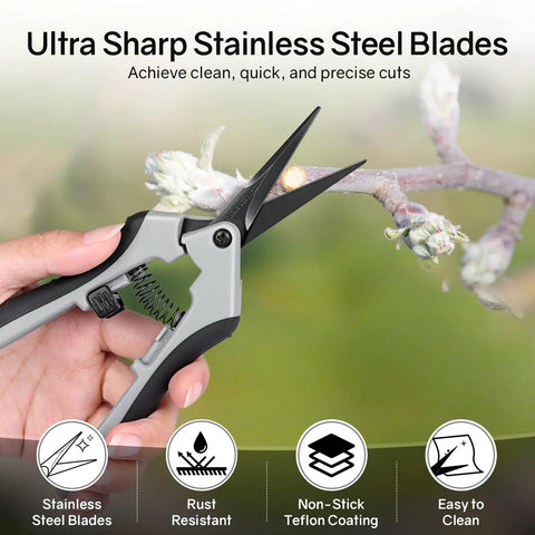 Six Point Five Inch Pruning Shears Set, Two Pack Garden Scissors with Stainless Steel Blades cutting a branch close-up