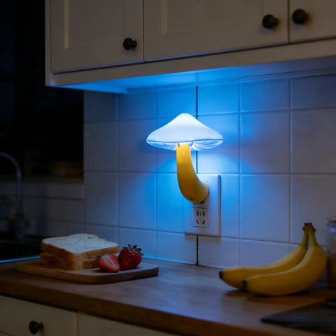 Two Pack LED Mushroom Night Lights Plug In Wall Lamps With 7 Color Changing Sensor in kitchen setting