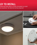 Battery Operated LED Tap Lights For Under Cabinet Lighting In Kitchen Closet Pantry And Garage shown in easy installation steps