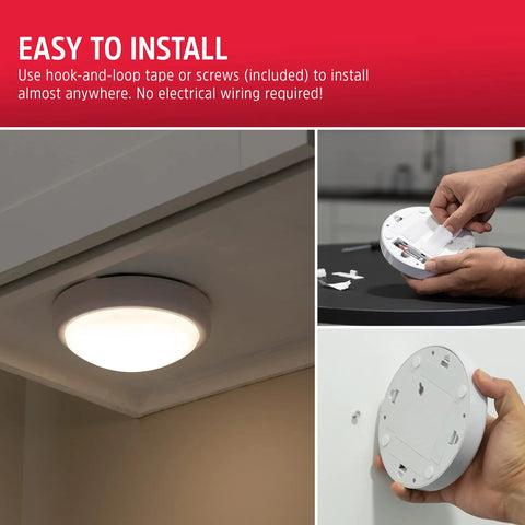 Battery Operated LED Tap Lights For Under Cabinet Lighting In Kitchen Closet Pantry And Garage shown in easy installation steps