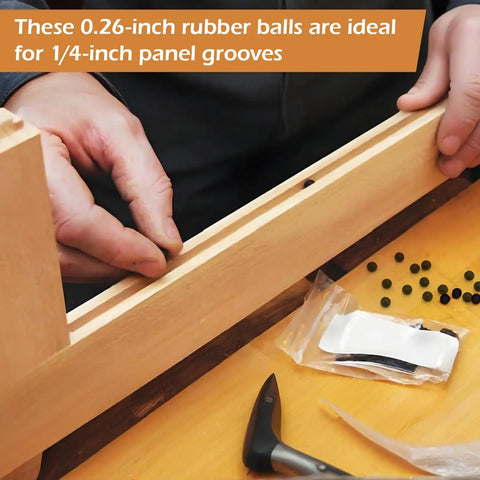 500 Pack Cabinet Door Spacers Rubber Bumper Balls For Raised Panel Grooves Quarter Inch Gap Adjusters in use with wooden panel.