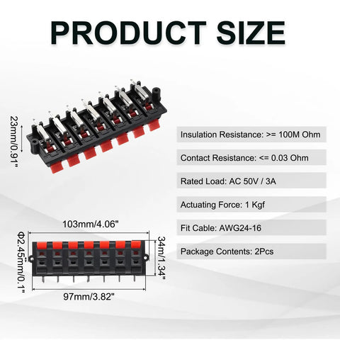 14 Way Spring Terminal Clip Push Release Connector Plate Jack Socket For Speaker Terminals Strip Block Test Clip WP14-03B 2Pcs Red Blue Black Color Coding DIY Audio Upgrade Accessory, dimensions and specs shown.