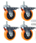 Set of 4 heavy duty swivel caster wheels with 3-inch yellow PVC wheels and metric stems; includes nuts washers wrenches