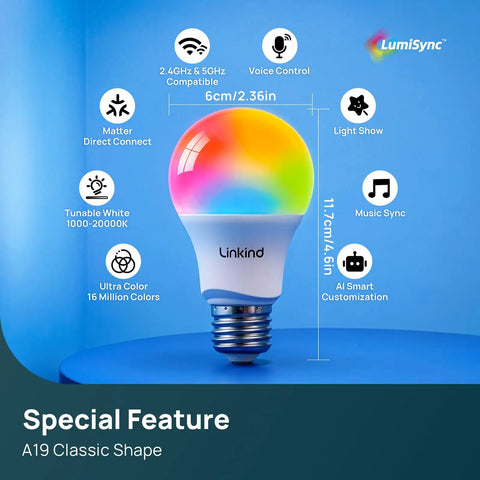 Matter Smart Light Bulbs Dual Band WiFi 6 2.4GHz And 5GHz, Lightning Fast Response, Compatible With Alexa Apple HomeKit Google Home And More, Easy Setup For Smarter Rooms And Cozy Ambience. A19 LED bulb, 6cm, color-changing