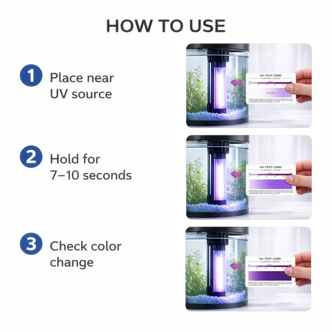 4 In 1 UV Test Card For UV Lamps And Systems, Fast 7 To 10 Second Verification, Works Across UV A B C D Spectrum, Clear Visual Feedback, Reusable Up To 5000 Tests, Durable Tool For Quick UV Performance Checks in aquarium UV lamp use