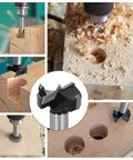Five-piece woodworking drill bit set, 15–35 mm, for self-centering hinge holes in wood.