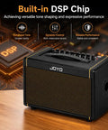 40W Acoustic Guitar Amplifier With Bluetooth And Battery Powered Portable Stereo Speaker on wooden table with DSP chip.