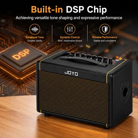40W Acoustic Guitar Amplifier With Bluetooth And Battery Powered Portable Stereo Speaker on wooden table with DSP chip.