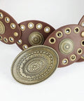 Rock That Wild West Attitude With This Dope Vintage Western Cowboy Disc Belt Featuring Adjustable Pu Leather Wrap Chainmail Straps And Heavy Duty Riveted Metal Conchos For Daily Wear, showing PU leather with riveted alloy discs.