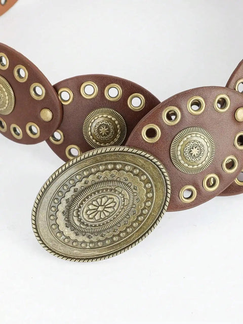Rock That Wild West Attitude With This Dope Vintage Western Cowboy Disc Belt Featuring Adjustable Pu Leather Wrap Chainmail Straps And Heavy Duty Riveted Metal Conchos For Daily Wear, showing PU leather with riveted alloy discs.