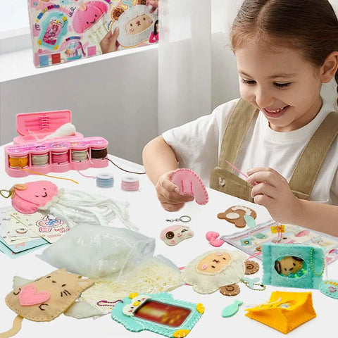 Child using Beginner Sewing Kit For Kids With 9 Different Animal Charms, Easy Pre-Cut Fabric, Plastic Needle Tools on table