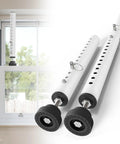 Adjustable Window Security Bar 11 To 18 Inches Portable Short Sliding Window Lock on white vertical window with rubber base, close-up