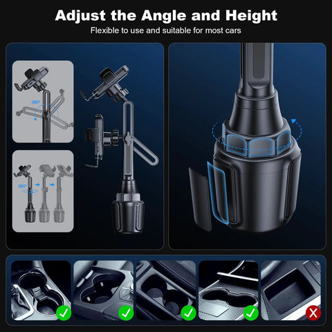 Hassle Free Wireless Car Charger With Intelligent Auto Grip Mount And Cup Slot Tray showing adjustable angle and height for versatile use.