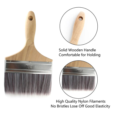 6 Inch Wide Soft Bristle Paint Brush For Decks And Masonry Flat Stain Brush With Wooden Handle shown with nylon bristles