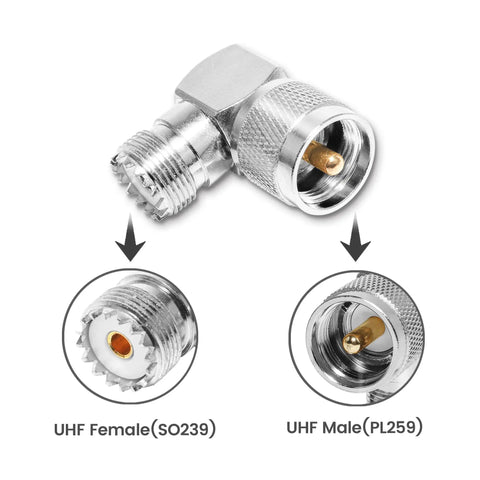 UHF Male PL259 To SO239 UHF Female Coax Adapters Right-Angle L-Shaped Low-Loss Antenna Connector 2 Pack For Coaxial Cable RF CB Ham Radio.