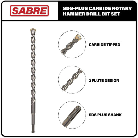 Heavy Duty SDS Plus Hammer Drill Bit Set For Brick Stone And Concrete In 12 Inch Length Eight Piece Includes Sizes From Quarter Inch To One Inch Built For Fast Masonry Drilling And Long Lasting Durability, with a focus on carbide tip, 2 flute design, and SDS plus shank.