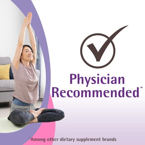 Woman doing yoga with "Physician Recommended" text and checkmark, promoting Minis 600 Plus D3 Calcium And Mineral Supplement Tablets