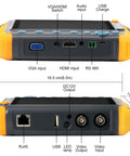 5 Inch 4 In 1 CCTV Monitor Tester ports and connectors view, featuring VGA, HDMI, USB, and audio inputs for field techs.